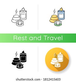 Spa resort icon. Linear black and RGB color styles. Wellness tourism, health sanatorium. Relaxation procedures. Spa stones, lotus flower and aroma candle isolated vector illustrations