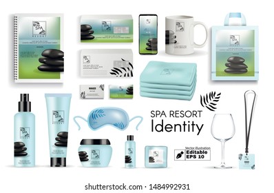 Spa Resort Identity Flat Cartoon Vector Illustration. Branding Corporate Mockup. Realistic Logo with Stones, Business Cards, Envelope, Notebook, Towels, Cup, Packages for Cream, Gels.