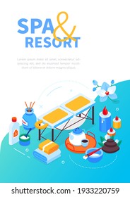 Spa y resort - moderno banner web isométrico con espacio para copiar texto. Té, velas, cremas, flor de loto, palos de incienso, mesa de masaje, terapia de piedra. Relajación, idea de cuidado corporal