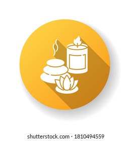 Spa resort yellow flat design long shadow glyph icon. Wellness tourism, health sanatorium. Relaxation procedures. Spa stones, lotus flower and aroma candle silhouette RGB color illustration