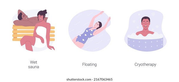 Spa rituals isolated cartoon vector illustrations set. Happy couple relaxing in wet sauna together, floating procedure, wellness and spa salon, woman taking medical cryotherapy vector cartoon.