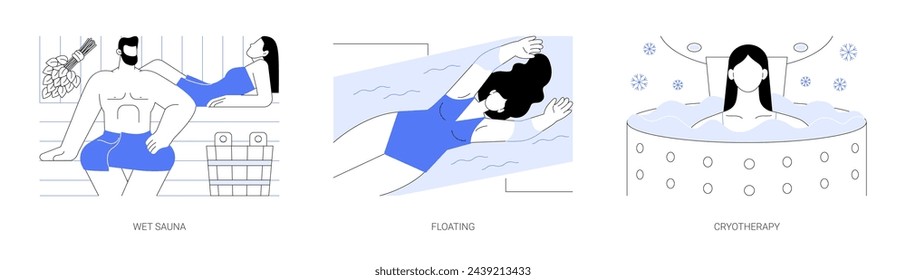 Rituales de spa aislados dibujos animados vector conjunto. Pareja feliz que se relaja en la sauna húmeda juntos, procedimiento flotante, salón de bienestar y spa, mujer que toma la crioterapia médica vector de dibujos animados.