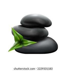 spa rock realistic vector. wellness stone, leaf massage relax, zen nature, therapy balance, beauty harmony spa rock 3d isolated illustration