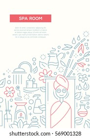 Spa room - vector plain line design brochure poster, flyer presentation template, A4 size layout.