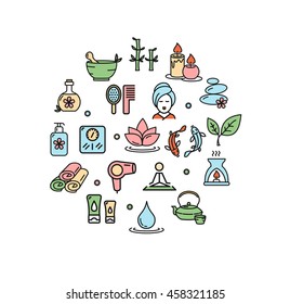 Spa Round Design Template Thin Line Icon Set Isolated on White Background. Vector illustration
