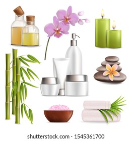 Spa salon accessories set, vector realistic illustration isolated on white background. Bamboo stalks with leaves, salt, stones, massage oil, cosmetics, towels, aroma candles and flowers.