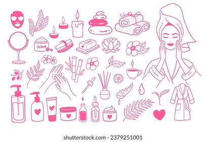 El salón de belleza está muy bien equipado. Dibujos aislados de vectores con doodles ajustados en colores rosados