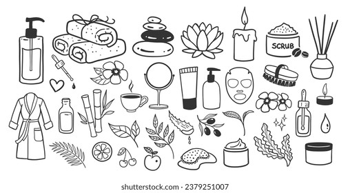 Spa salon accessorises. Vector isolated illustrations doodles set