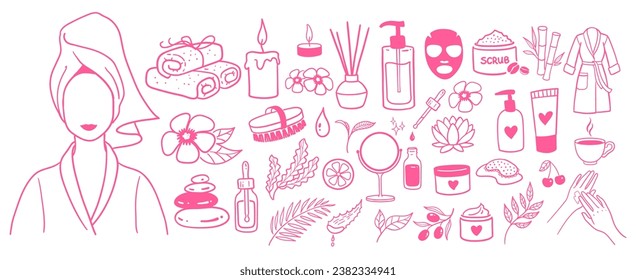 Spa salon accessorises. Vector isolated illustrations doodles colection in pink colors