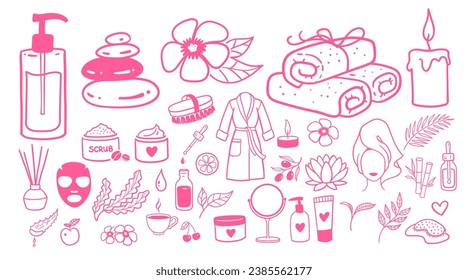 El salón de belleza está muy bien equipado. Colección de doodles de ilustraciones aisladas de vectores en colores rosados