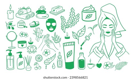 Spa salon accessorises. Vector isolated illustrations doodles in green color.