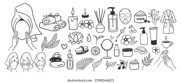 Spa salon accessorises. Vector line art isolated illustrations doodles.