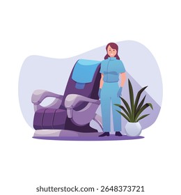 Poltrona de salão de spa com terapeuta. Confortável mobiliário de assento profissional para o interior do salão de beleza. Cadeira de massagem ergonômica. Ilustração plana vetorial isolada no branco