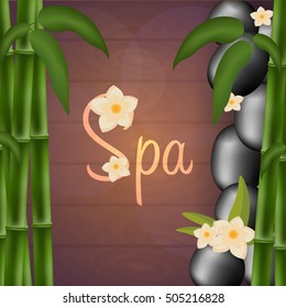 Spa salon banner with stones. Thai Massage. Wood texture