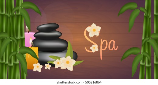 Spa salon banner with stones. Thai Massage. Wood texture