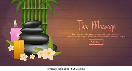 Spa salon banner with stones. Thai Massage. Wood texture