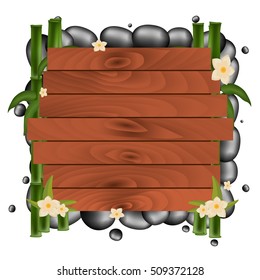 Spa salon banner with stones. Thai Massage. Wooden frame. Vector illustration