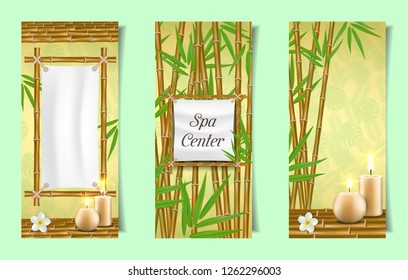 Spa salon banner template set. Vector realistic illustration. Bamboo frame with canvas, bamboo stalks and leaves, aroma candles and flowers. Spa beauty wellness invitation flyer or advertising poster.