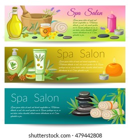 Spa salon banners collection with stone massage and candles herbs and spices honey treatment isolated vector illustration