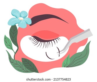 Spa salon or beauty center procedure for extension of eyelashes and adding volume. Fashion and professional care for eyes. Cosmetology and beautician master service. Vector in flat style illustration