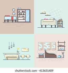 Spa salon beauty shop room interior indoor set. Linear multicolor stroke outline flat style vector icons. Color icon collection.