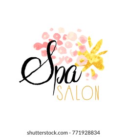 Spa salon or center original delicate logo design with abstract textured background. Label with pink and golden gentle colors.