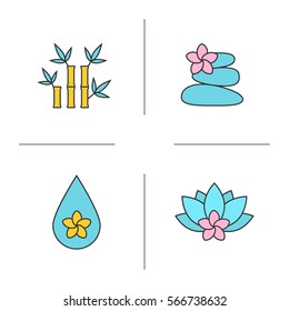 Spa salon color icons set. Aromatherapy. Stones massage, aroma oil drop, spa flowers and bamboo with leaves. Isolated vector illustrations