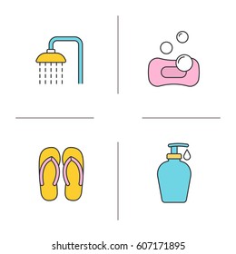 Spa salon color icons set. Spa salon shower, flip flops, sponge with bubbles, shower gel with drop. Isolated vector illustrations