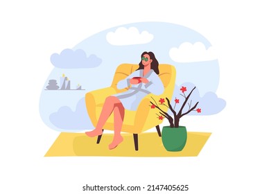 Spa salon concept in flat design. Happy woman in bathrobe relaxing in cozy armchair and drinking herbal tea, enjoying beauty and body care treatments. Vector illustration with people scene for web