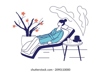 Spa salon concept in flat line design for web banner. Woman laying and resting on couch, receiving skin and body treatments procedure, modern people scene. Vector illustration in outline graphic style