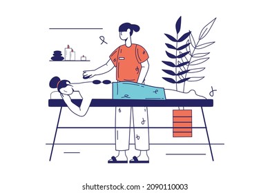 Spa Salon Konzept in flacher Linie Design für Web-Banner. Frauen erhalten entspannende Massage mit Steinen von professionellen Masseuse, moderne Menschen Szene. Vektorgrafik im Skizzenbildstil