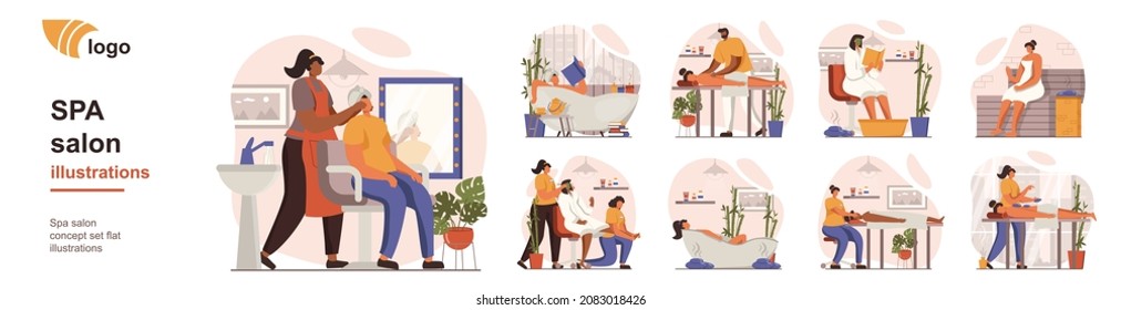 Spa salon concept isolated person situations. Collection of scenes with people at beautician receive massages and treatments for skin of face and body. Mega set. Vector illustration in flat design