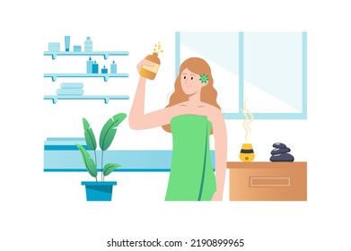 Spa salon concept with people scene in flat cartoon style. Woman is doing procedures in spa salon to relax and improve the condition of her body. Vector illustration.