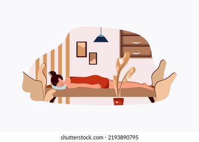 Spa salon concept with people scene in the flat cartoon style. Woman came for a massage in spa salon in order to rest and relax. Vector illustration.