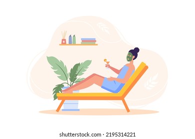 Spa salon concept with people scene in the flat cartoon design. Girl after the procedures lies on the couch and drinks a relaxing cocktail. Vector illustration.