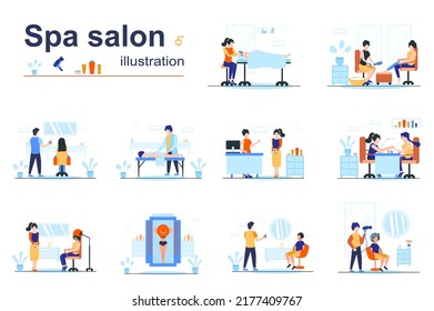 Spa salon concept scenes seo with tiny people in flat design. Men and women get beauty procedures, massages, body treatments, manicure, pedicure. Vector illustration visual stories collection for web