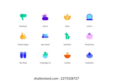 Spa concepto de íconos web de diseño plano de color. Envase de secador de pelo, piedra, loto, espejo, bolsa de hierbas, bambú, té, chanclas, aceite de masaje, vela y otros. Pictogramas vectoriales para aplicación móvil