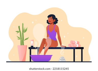 Spa salon concept. Woman in bathing suit sits with feet in bowl of hot water. comfort and coziness. Beauty and health care, aesthetics. Poster or banner for website. Cartoon flat vector illustration