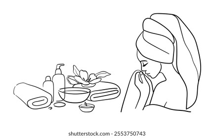 Spa salon continuous line art drawing isolated on white background. Self care and beauty. Vector illustration