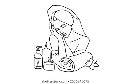 Spa salon continuous line art drawing isolated on white background. Self care and beauty. Towel on a girl's hair. Vector illustration