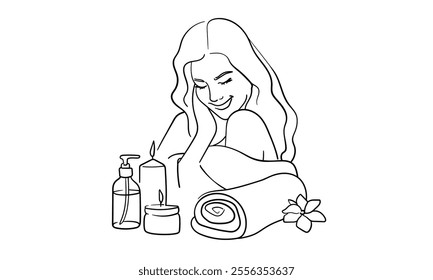 Spa salon continuous line art drawing isolated on white background. Self care and beauty. Vector illustration