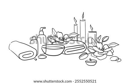 Spa salon continuous line art drawing isolated on white background. Self care and beauty. Vector illustration