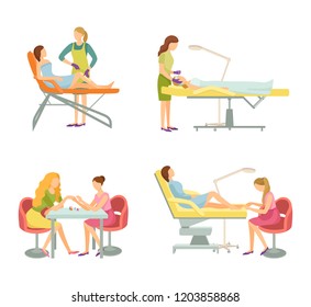 Spa salon cosmetician and manicurist working with clients females. Isolated icons set of beauty procedures. Manicure and pedicure nails care vector