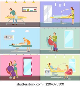 Spa salon cosmetician and pedicurist working with clients females. Beauty procedures massage, cosmetician and body wrapping, barber shop and haircutting
