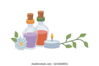 Spa salon cosmetics and products, isolated scented aromatic candles burning, fragrance oils and blooming flowers decoration. Vector in flat cartoon style