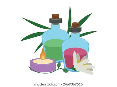 Spa salon cosmetics and products, isolated scented aromatic candles burning, fragrance oils and blooming flowers decoration. Vector in flat cartoon style