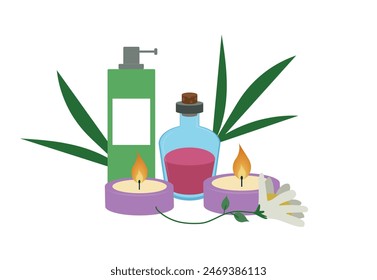 Spa salon cosmetics and products, isolated scented aromatic candles burning, fragrance oils and blooming flowers decoration. Vector in flat cartoon style