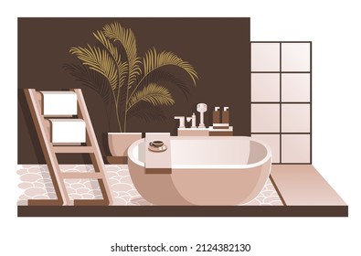 salón de belleza interior acogedor y plano. Moderno baño en el hotel, masaje, suite.  Decoración de diseño con mobiliario moderno, bañera, toallas y plantas. Paleta tranquila. 