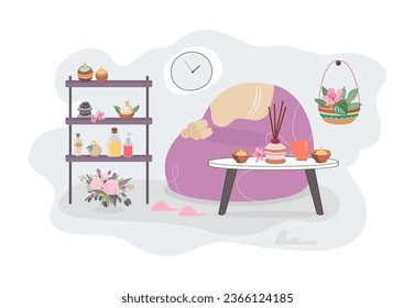 Spa salon or cozy room with self-care items vector illustration. Cartoon drawing of cosmetic products for skincare or health, incense, beauty salon interior. Beauty, cosmetology, wellness concept