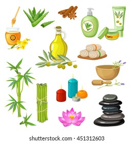 Spa salon decorative elements set with honey bamboo olive oil candles cosmetic stone therapy isolated vector illustration